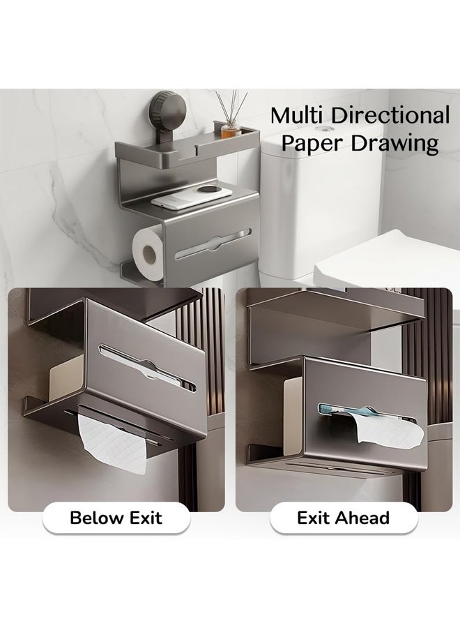 حامل ورق تواليت مزود بكوب شفط، موزع مناديل ورقية ثلاثي الطبقات يُثبت على الحائط مع رف للهاتف، موزع مناديل مبللة بدون حفر، حامل مناديل مبللة، حامل ورق تواليت مع مساحة تخزين للحمام والمطبخ - Image 4